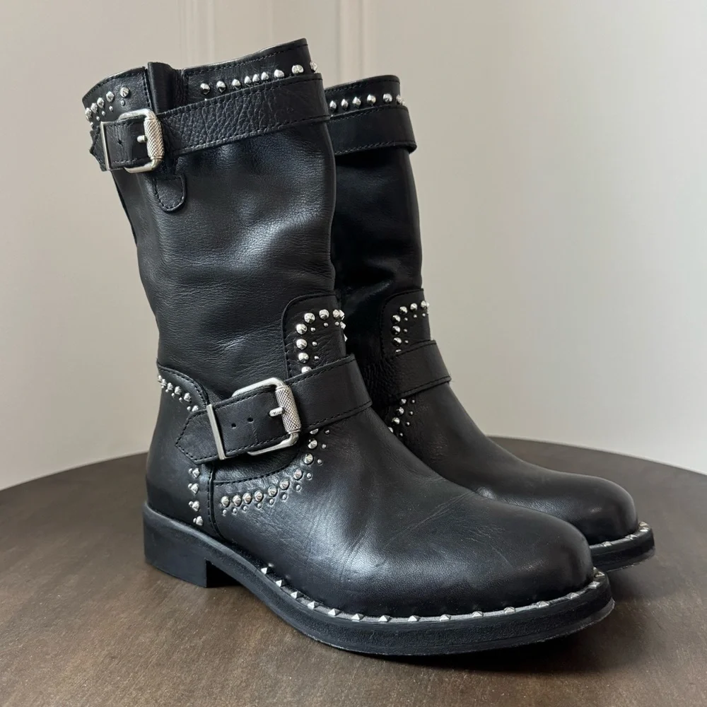 Charles David Whistler Black Leather Studded Moto Boots - Size 6 - EUC - Picture 2 of 10